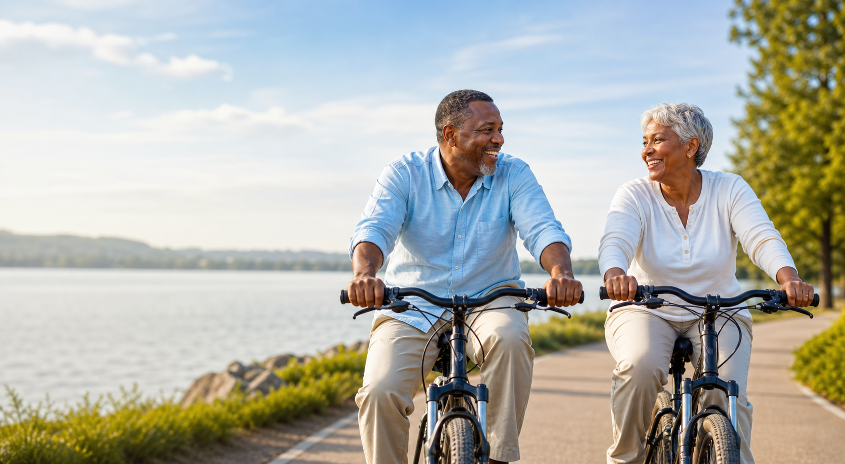 Retired couple cycling outdoors with confidence and joy